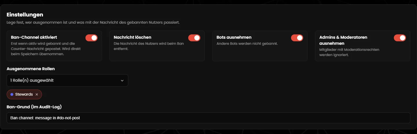 The “Einstellungen” (settings) card in the ban channel editor with four switches, one exempt role and the ban reason