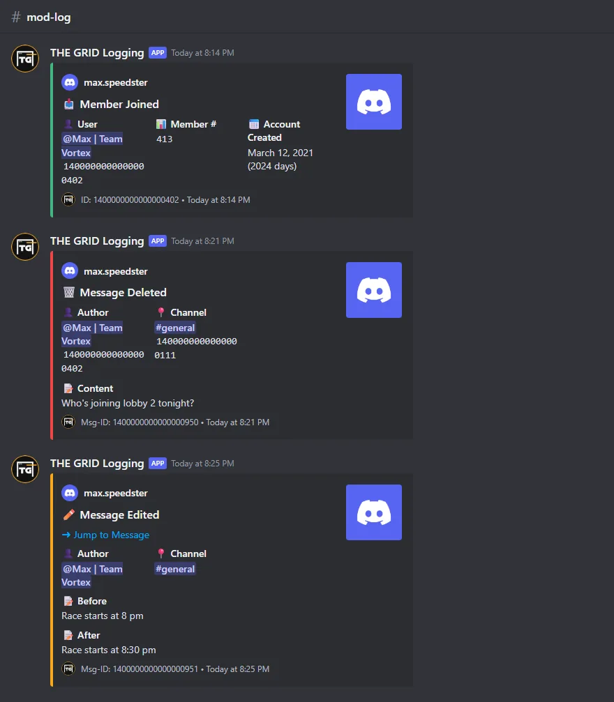 Three log entries in #mod-log: Member Joined, Message Deleted and Message Edited