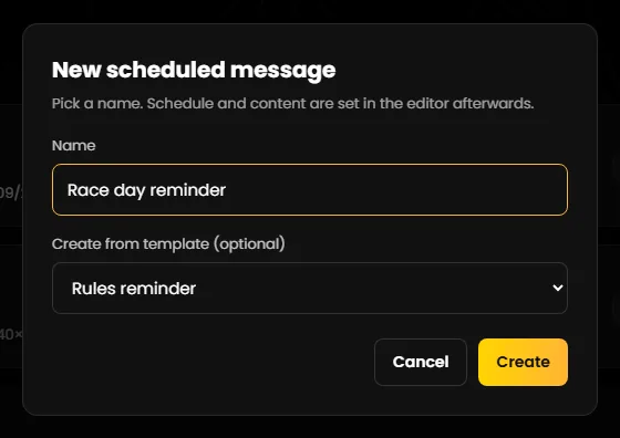 The “New scheduled message” window with name and template selection