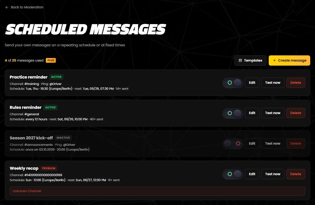The “Scheduled Messages” page with four messages