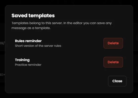 The “Saved templates” window with two templates