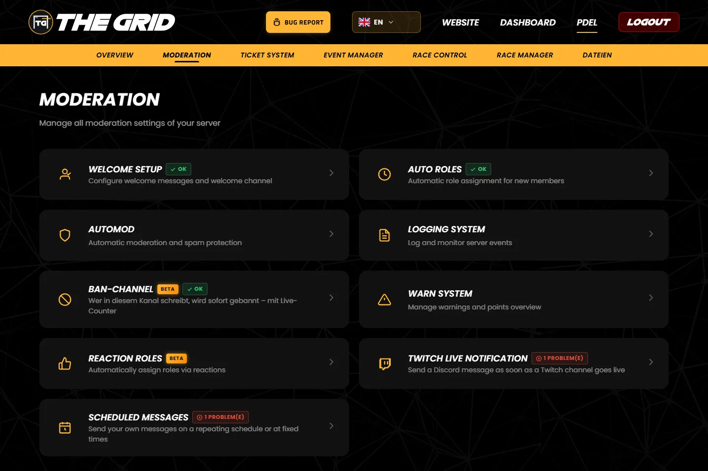 The moderation page in the dashboard with nine cards