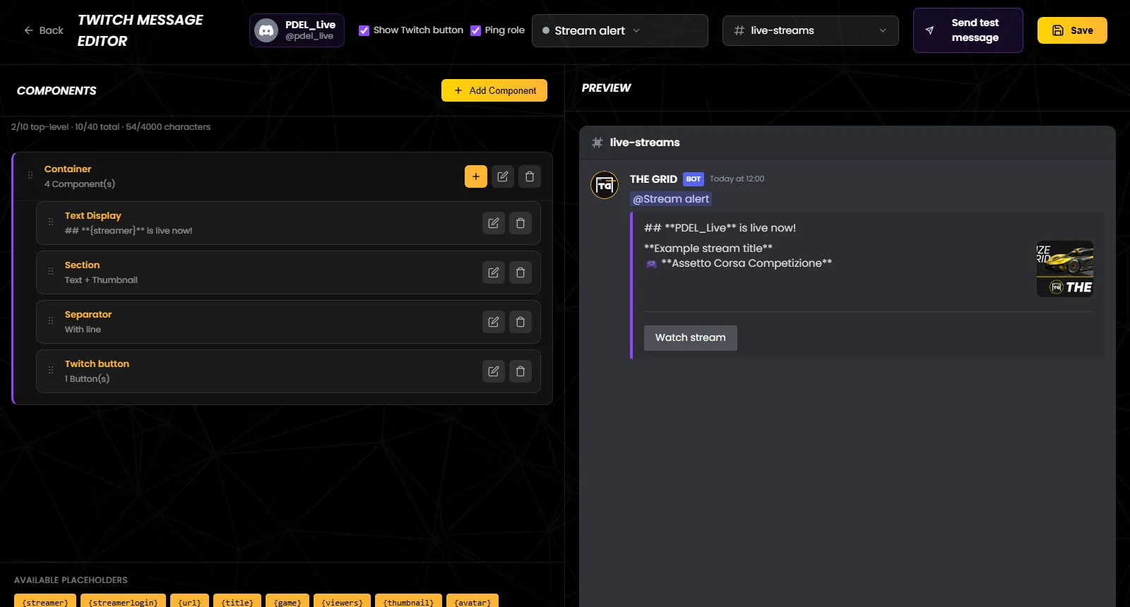 The Twitch Message Editor with a notification message