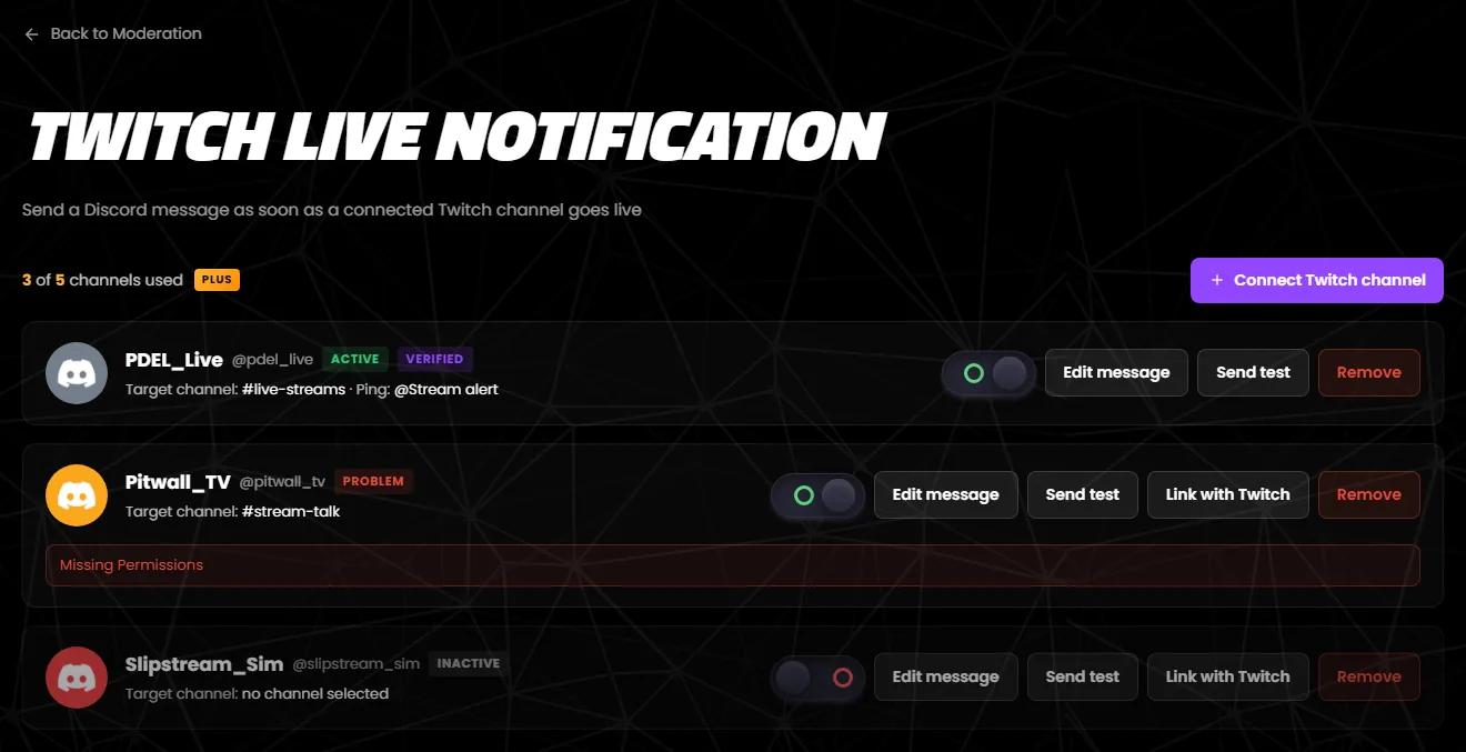 The “Twitch Live Notification” page with three connected channels
