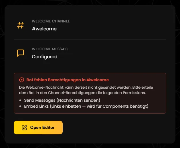 Red permission banner listing missing permissions