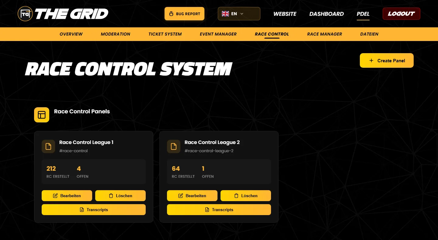 The “Race Control System” page in the dashboard