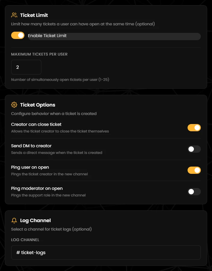 Ticket Limit, Ticket Options and Log Channel