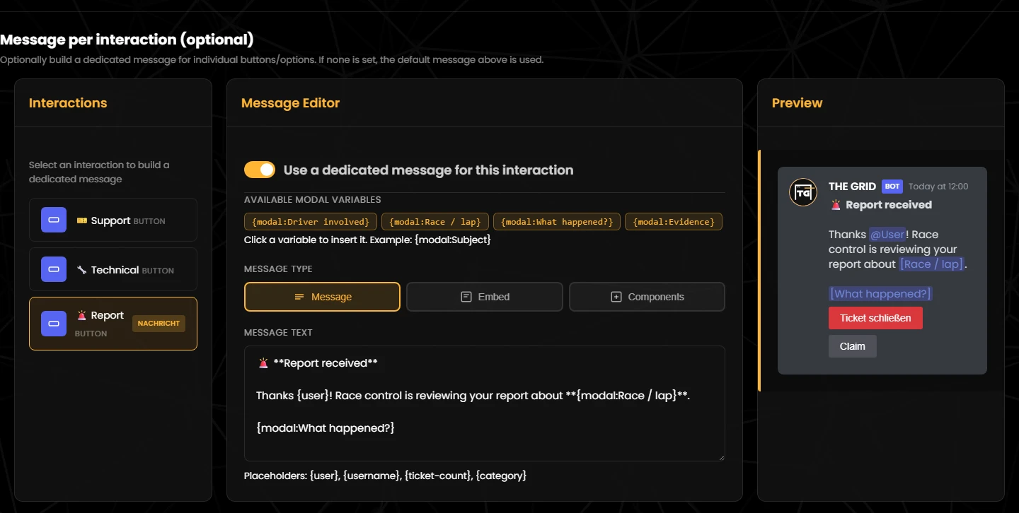 Dedicated message for the “Report” button