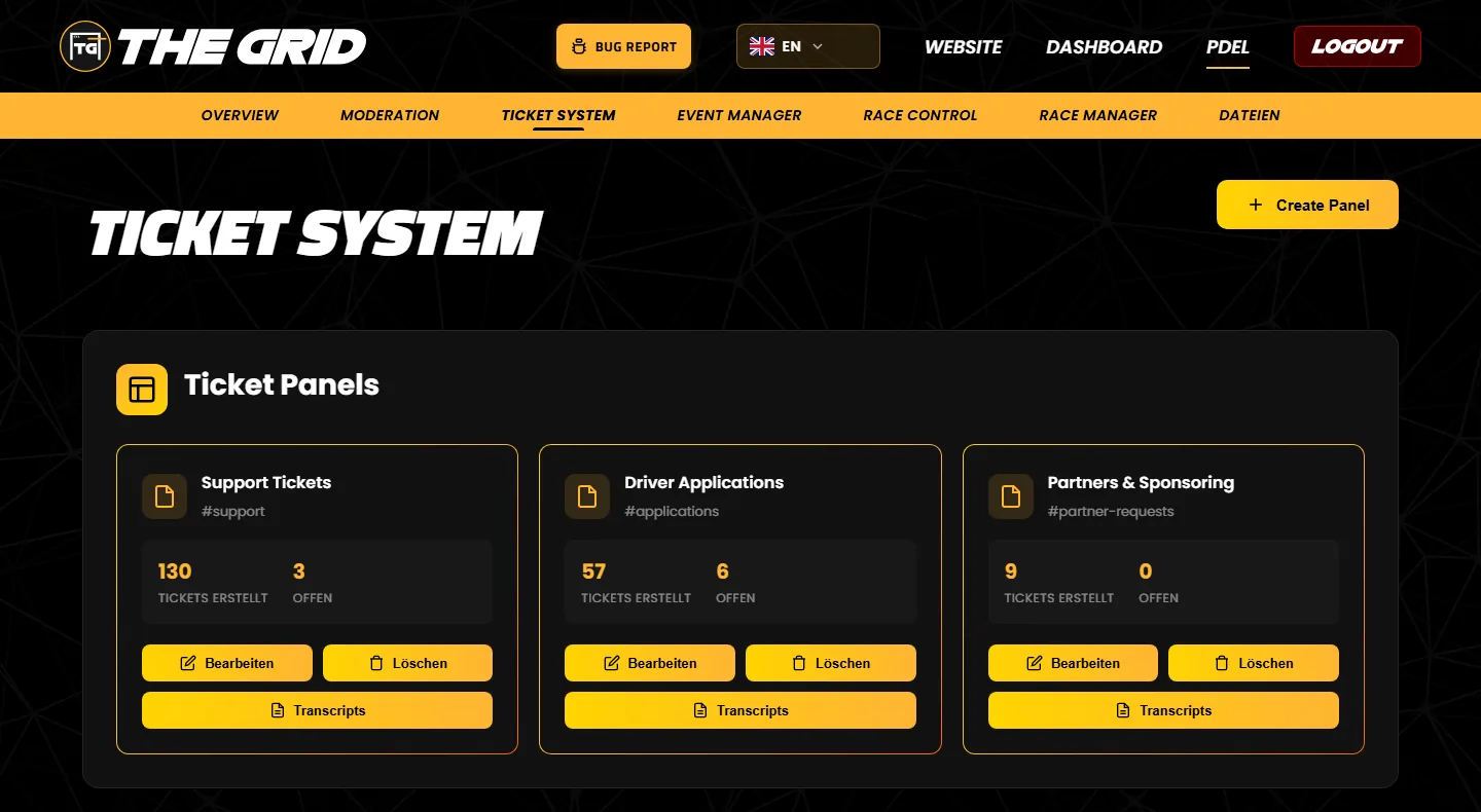 The “Ticket System” page in the dashboard